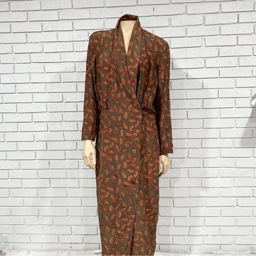 Vintage Leaf Print Maxi Dress Shawl Collar Long Sleeve Button Front Brown Green